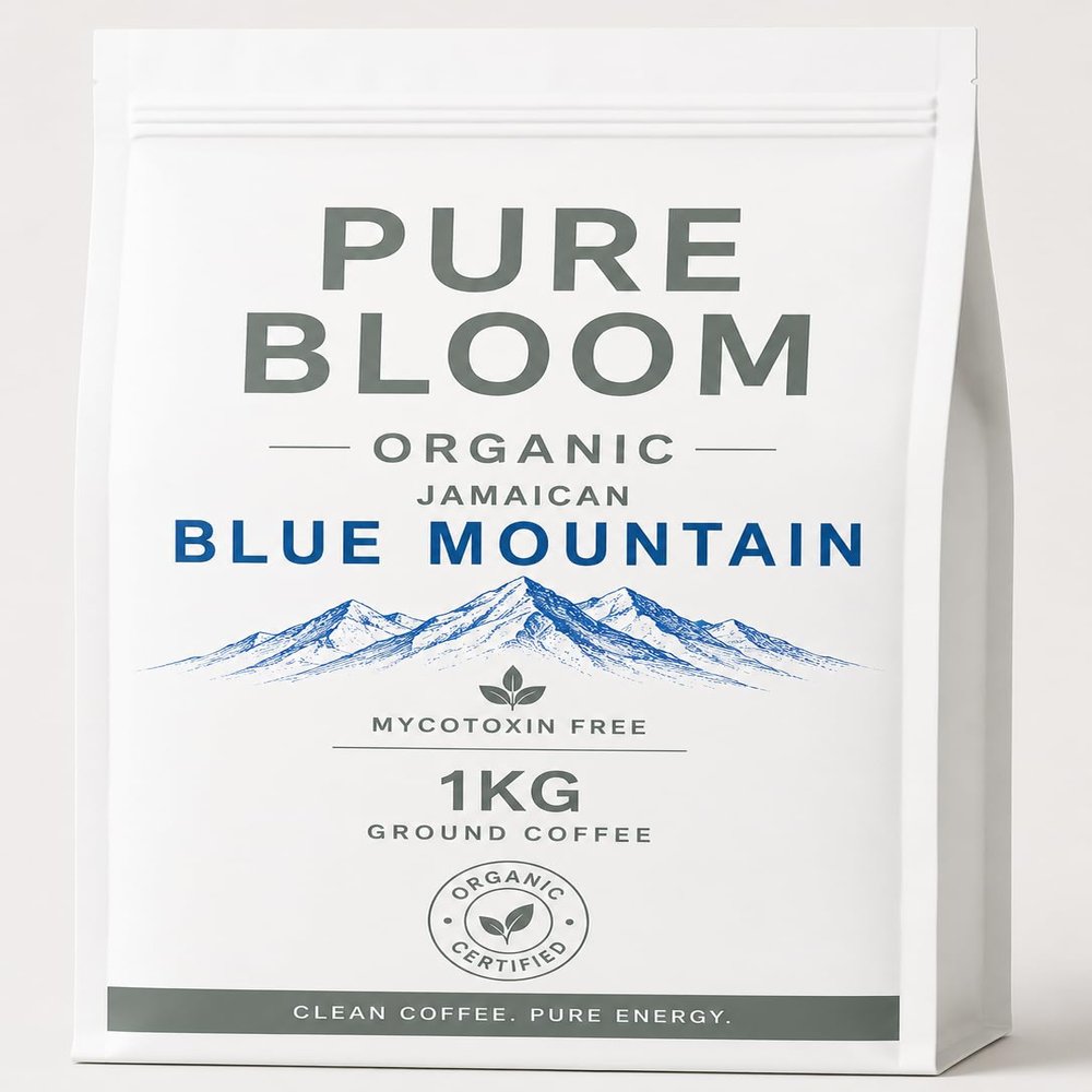 PURE BLOOM Clean Jamaican Blue Mountain Ground Coffee 1kg, Mycotoxin-Free, Mold-Free & Lab-Tested, Smooth Low Acid Speciality Ground Coffee, High Antioxidant Roast